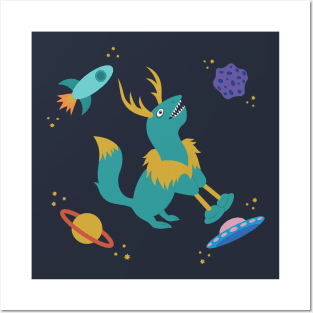 Teal Antler Creature in Outer Space Posters and Art